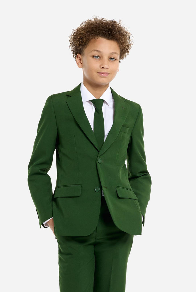 Teen wearing formal dark green suit