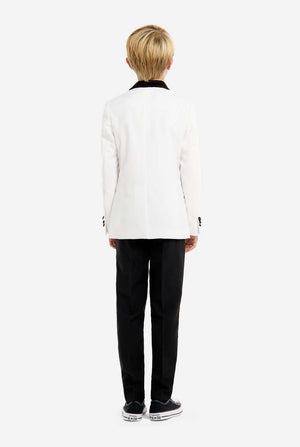 Person wearing a white jacket and black pants on a white background