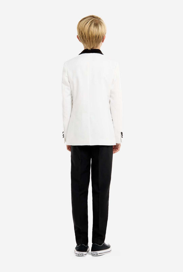Person wearing a white jacket and black pants on a white background