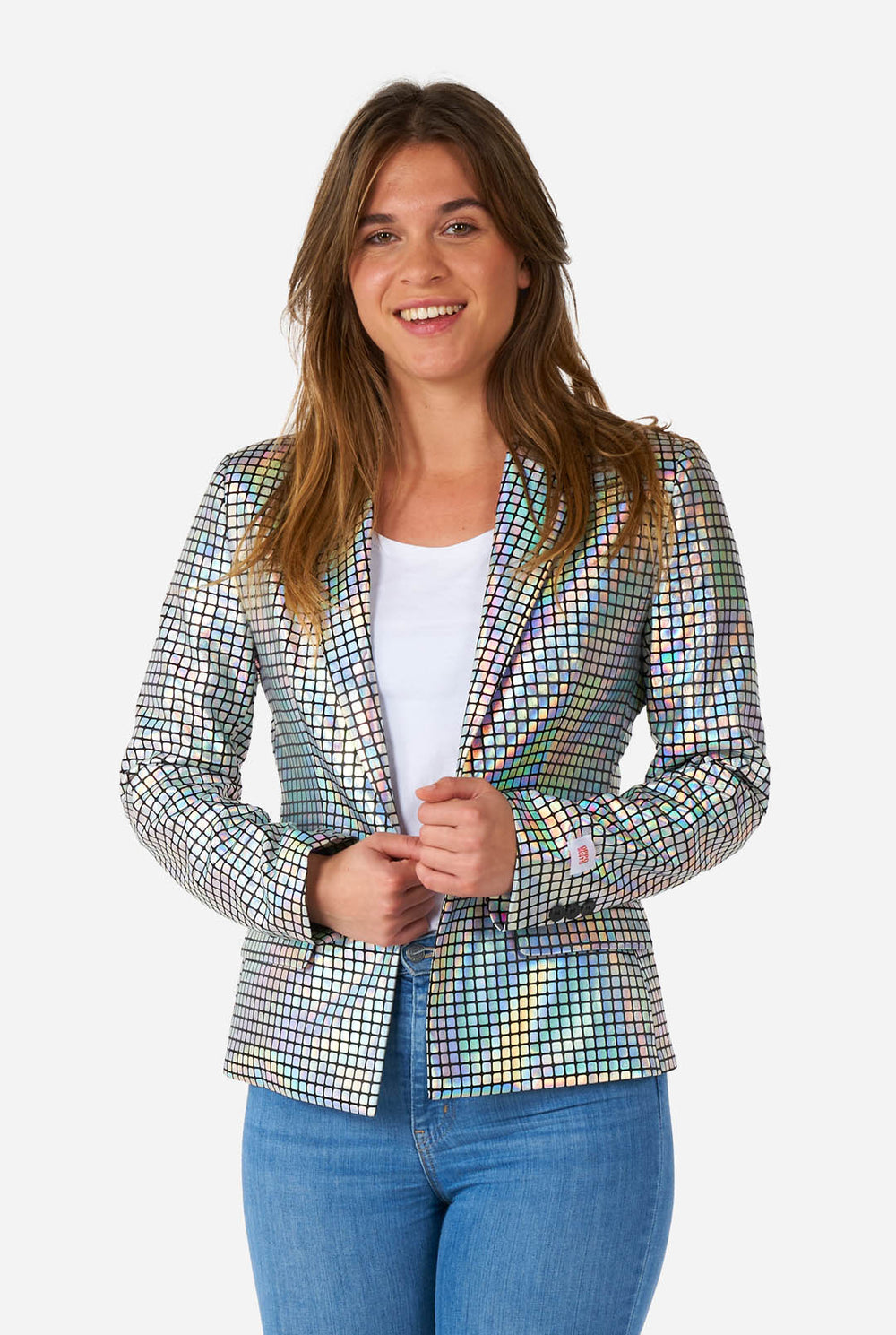 Woman wearing blazer with disco ball mirror print