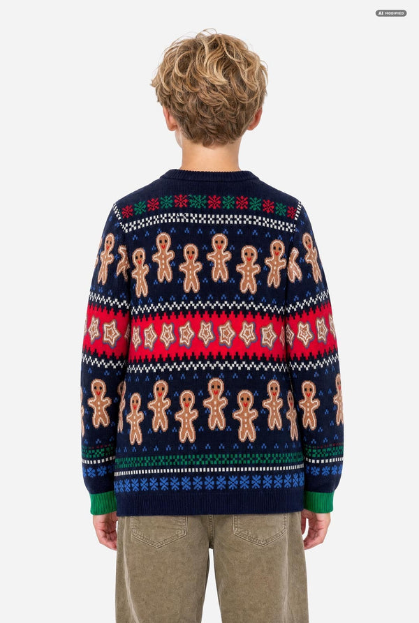 A child viewed from the back wearing a navy blue Christmas sweater with gingerbread men and snowflake patterns in red, green, and beige, paired with khaki pants, against a light gray background.