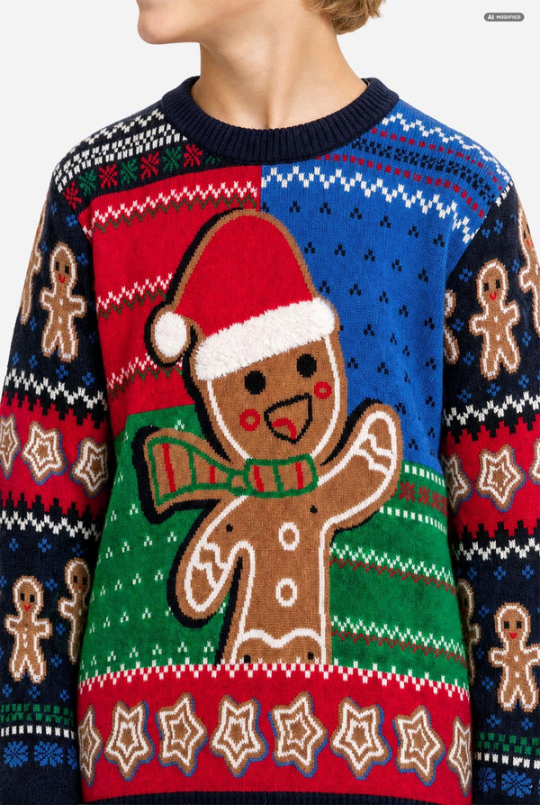 A close-up of a person wearing a festive Christmas sweater with a large gingerbread man graphic on the front, set against a plain light gray background.