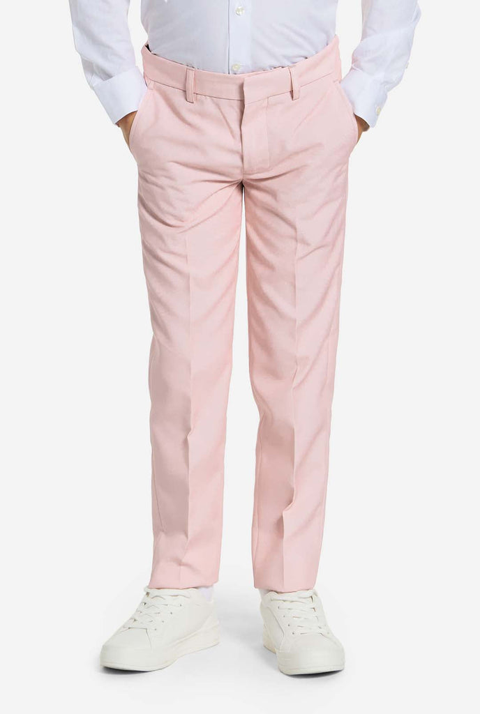 Kid wearing soft pink boys suit, pants view