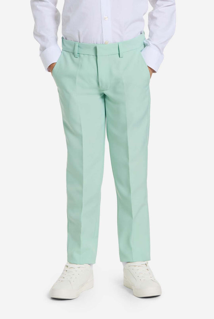 Kid wearing mint green boys suit, pants view.