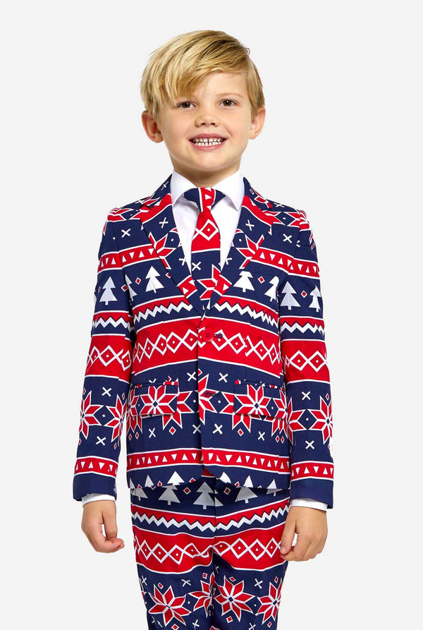 Kid wearing Christmas suit with Nordic print
