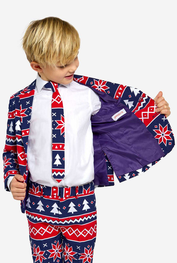 Kid wearing Christmas suit with Nordic print