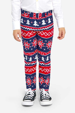 Kid wearing Christmas suit with Nordic print, pants view