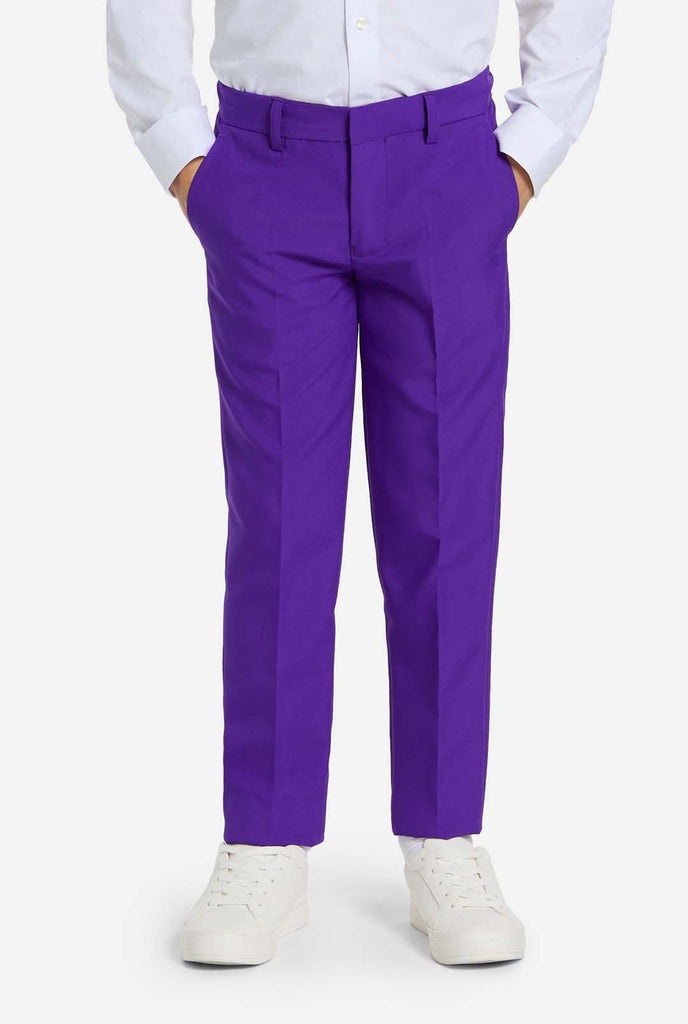 Kid wearing purple boys suit, pants view