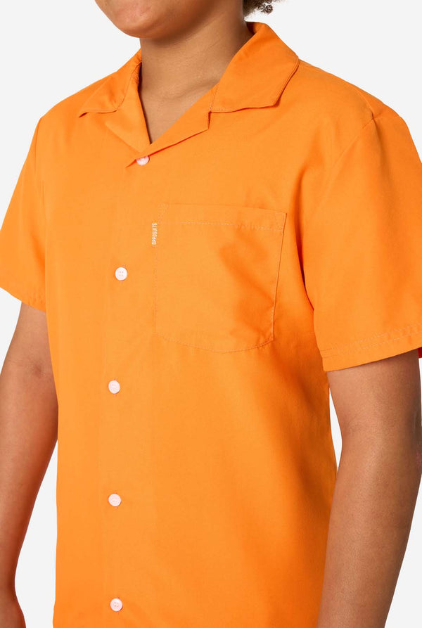 Orange short-sleeve shirt worn by a person on a white background