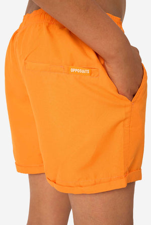 Orange swim shorts with 'OPPOSUITS' logo on a white background