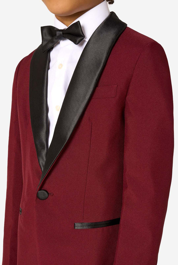 Maroon tuxedo jacket with black lapels on a white background