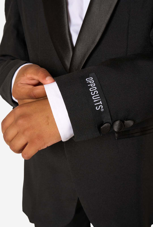 Black suit jacket with Opposuits logo on a white background
