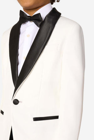 White tuxedo with black lapels and bow tie on a white background