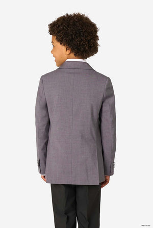Rear view of a young boy wearing a grey blazer and black trousers, showing the back of the outfit.