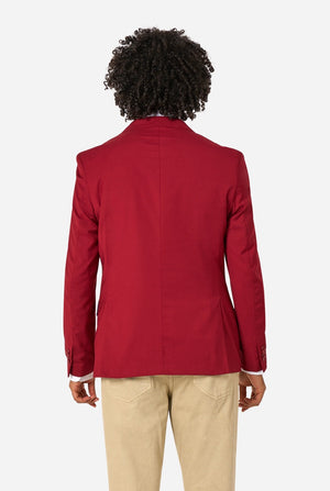Red blazer worn by a person on a white background