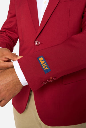 Red blazer with a 'DAILY' logo on the chest pocket against a white background