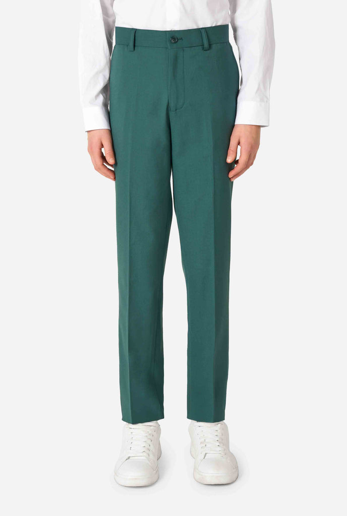 Teen boy wearing a stylish dark green suit with a white dress shirt, smiling confidently. Perfect formal outfit for boys' special occasions, weddings, and parties. Pants close-up.