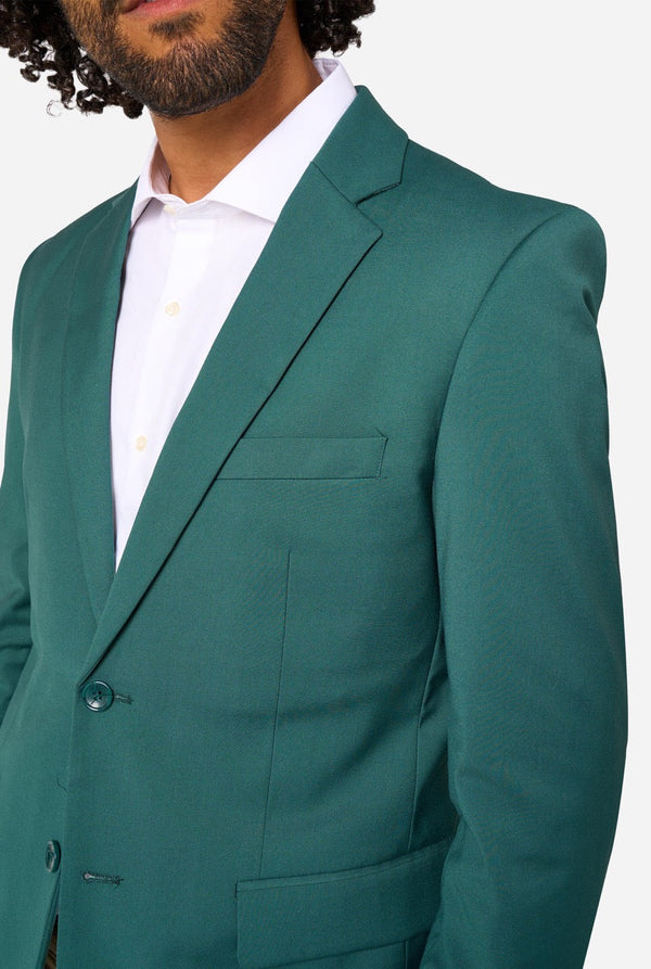 Teal suit jacket worn by a person on a white background