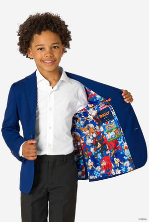 A boy showing the inside of his blue blazer, which features a colorful Sonic the Hedgehog lining.