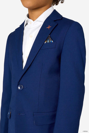 Close-up of the blazer chest, showing an orange cross-stitch detail and a patterned pocket square.