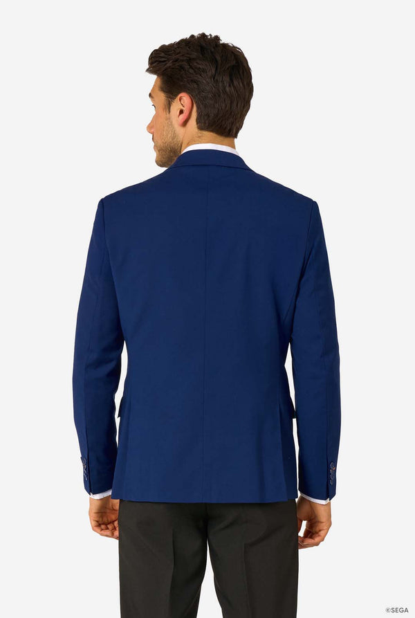Back view of a man wearing a blue blazer and black trousers, showing the clean fit and seams.