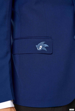 Close-up of a blazer pocket embroidered with a small Sonic the Hedgehog logo.