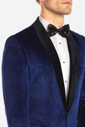 Blue velvet dinner jacket worn by man, close up