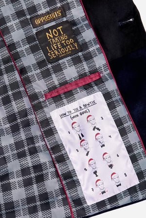 Blue velvet dinner jacket worn by man, close up inside