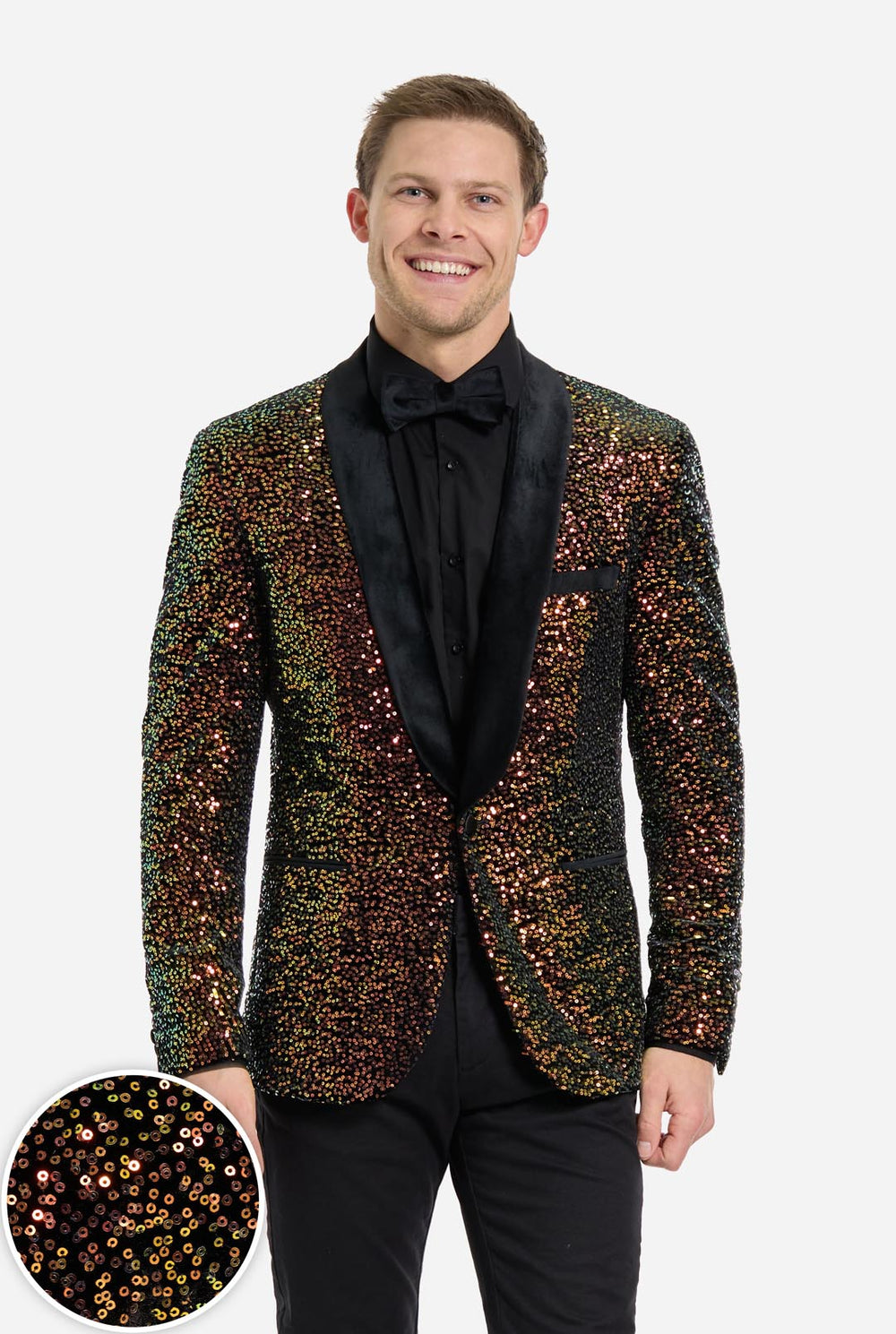 This image showcases a stylish men’s dinner jacket from OppoSuits Deluxe collection, featuring dazzling amber sequins that create a shimmering effect. The sequin blazer has a sleek satin lapel, a tailored fit. The model pairs it with a classic black dress shirt and bow tie, making this jacket perfect for formal events, holiday parties, or New Year celebrations. Close up circle in the left corner.