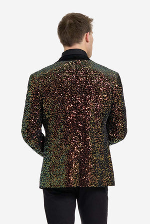 This image showcases a stylish men’s dinner jacket from OppoSuits Deluxe collection, featuring dazzling amber sequins that create a shimmering effect. The blazer has a sleek satin lapel, a tailored fit. The model pairs it with a classic black dress shirt and bow tie, making this jacket perfect for formal events, holiday parties, or New Year celebrations. Ideal for men who want to stand out with bold, luxurious, and festive attire. View from the back.