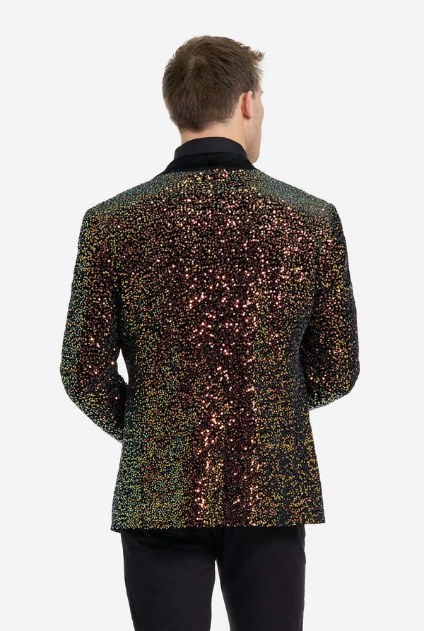 This image showcases a stylish men’s dinner jacket from OppoSuits Deluxe collection, featuring dazzling amber sequins that create a shimmering effect. The blazer has a sleek satin lapel, a tailored fit. The model pairs it with a classic black dress shirt and bow tie, making this jacket perfect for formal events, holiday parties, or New Year celebrations. Ideal for men who want to stand out with bold, luxurious, and festive attire. View from the back.