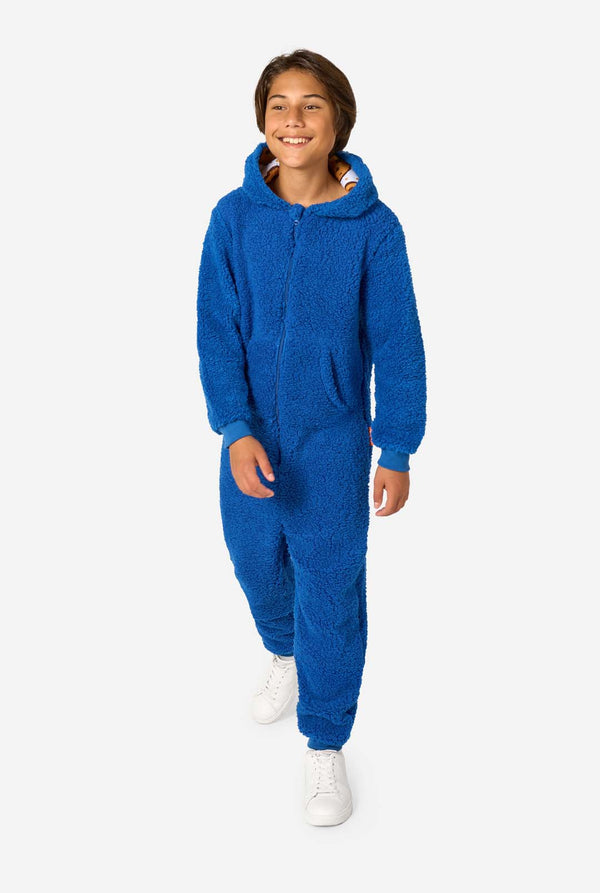 A kid is wearing a blue sesame street onesie resembling Cookie Monster. Full body image with the hood down.