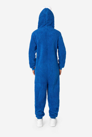 A kid is wearing a blue sesame street onesie resembling Cookie Monster. View from the back.