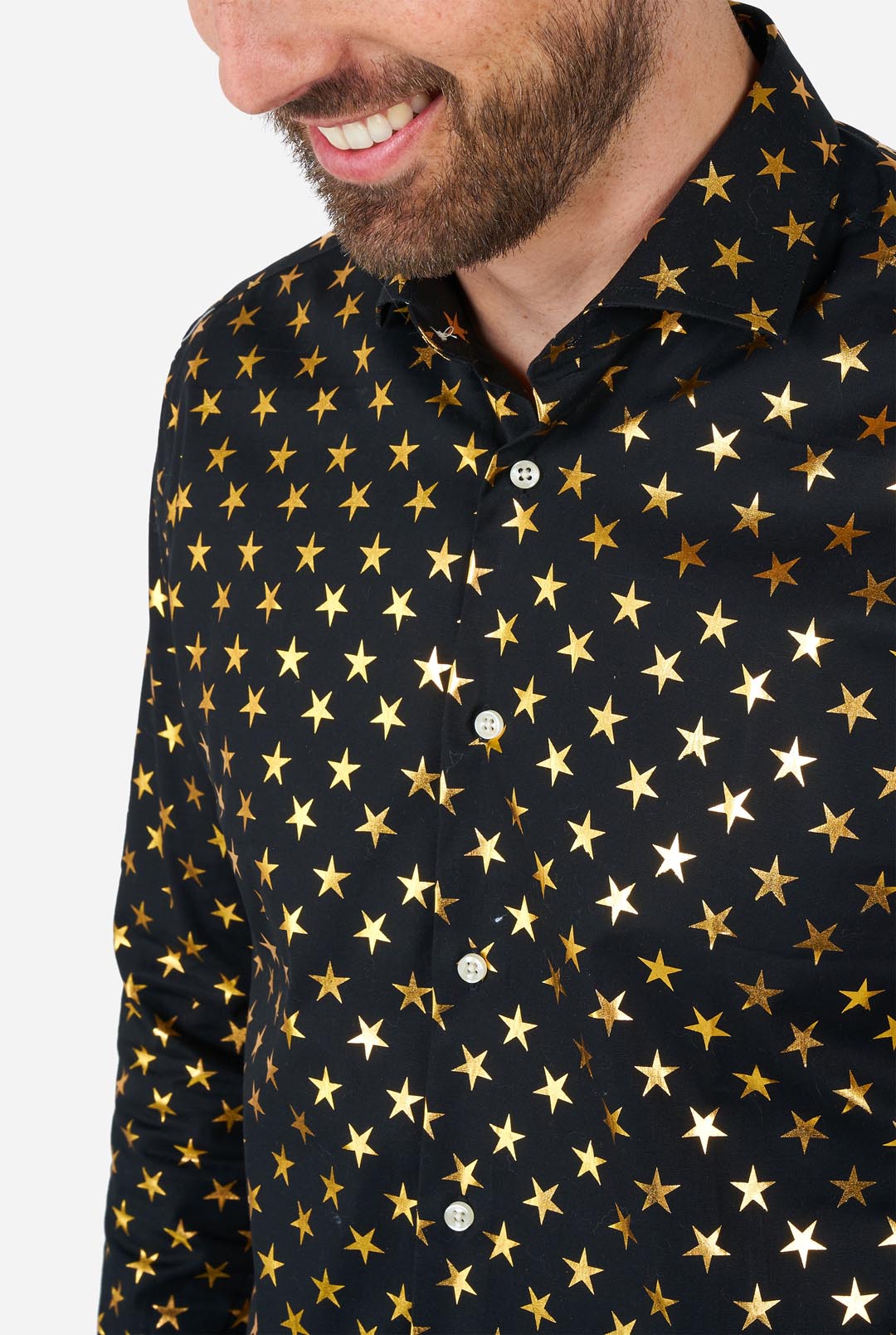 mens black dress shirt with gold Shiny Polka Star | Men's Christmas Shirt
