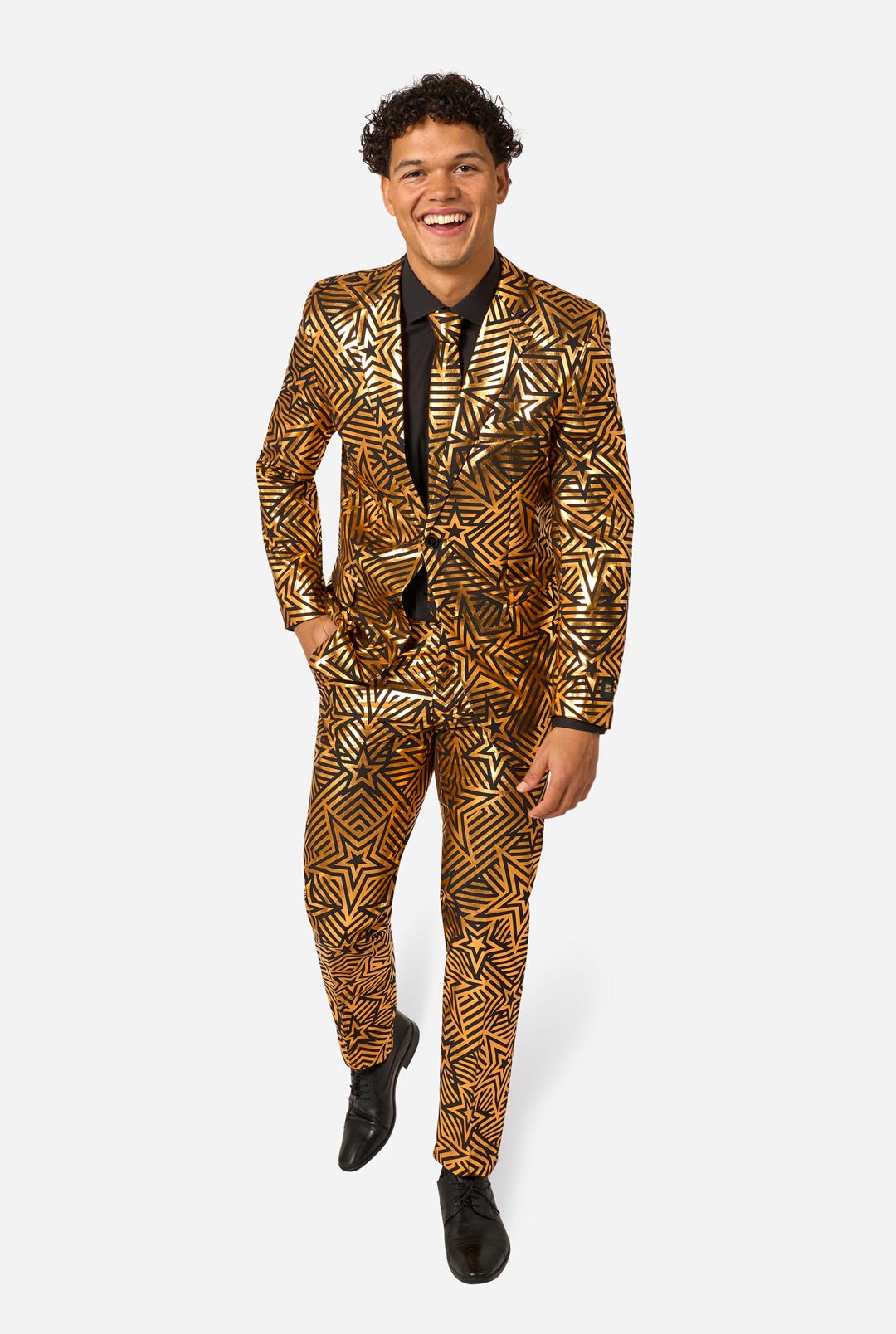 gold dress men OppoSuits Men's Golden Geo Star 2 Piece Suit + Tie, Black, 46 Coachella Festival Clothes Zapaka Women Dark Green SLEEVE:31 Sustainable Heirlooms