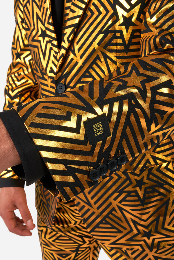 Men wearing golden suit with star print, sleeve close up