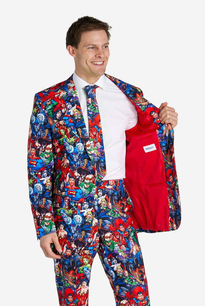 Man wearing mens suit with DC Super Heroes print