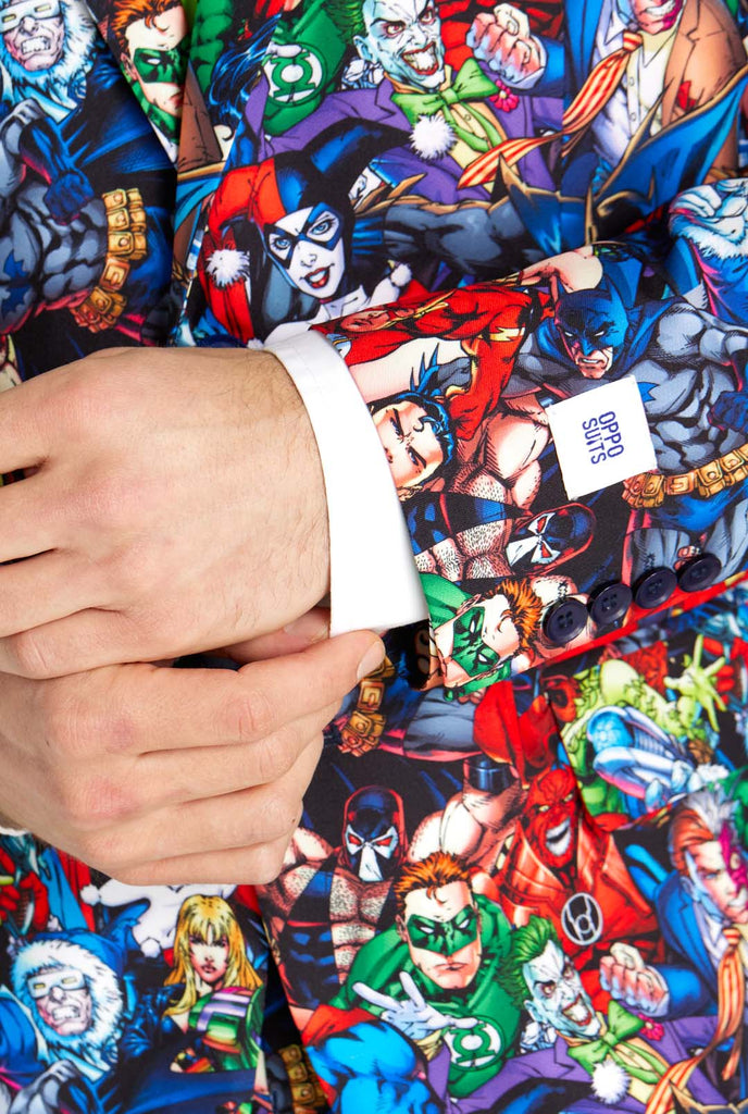 Man wearing mens suit with DC Super Heroes print, close up