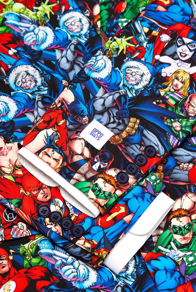 Man wearing mens suit with DC Super Heroes print, close up