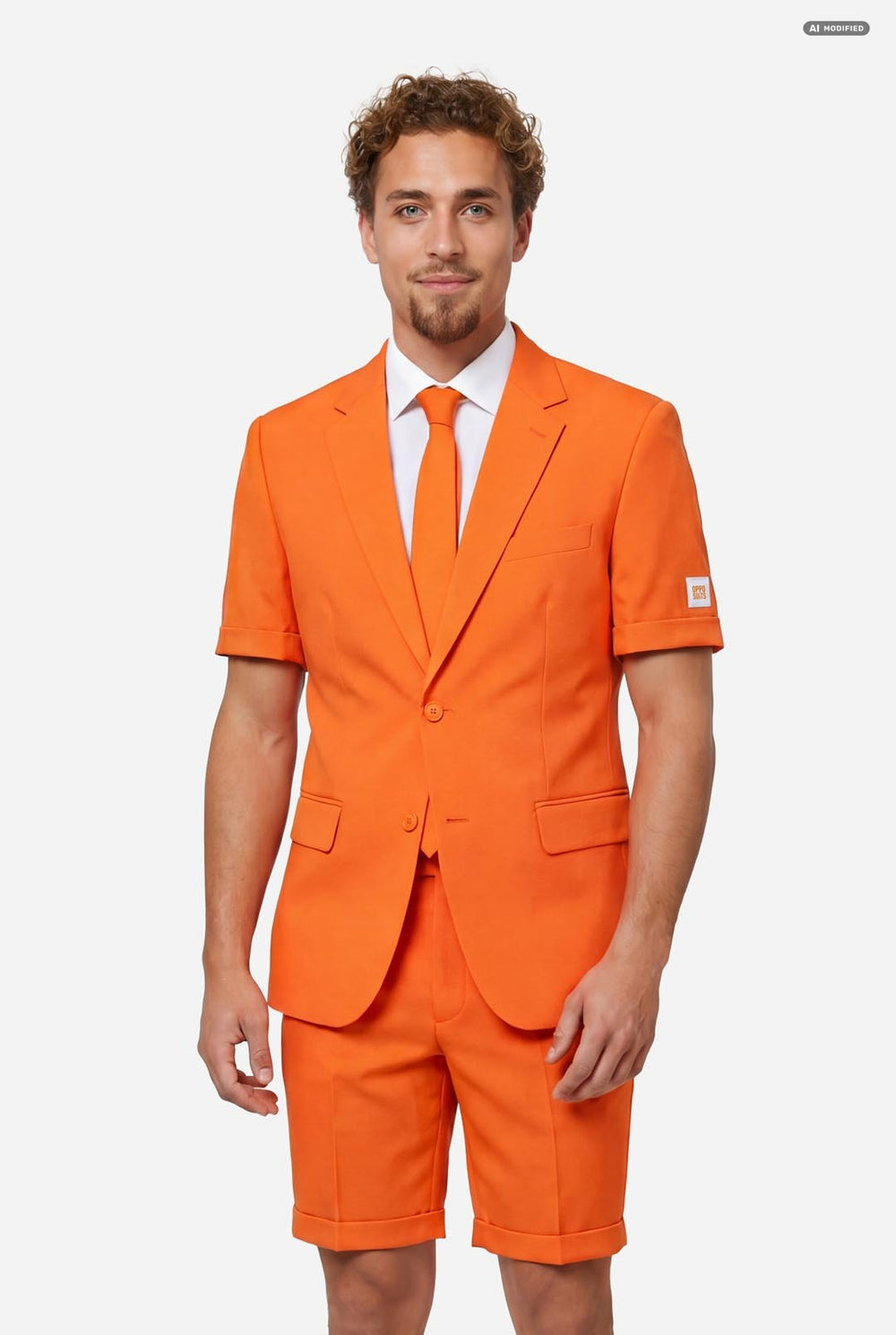 A man modeling a bright orange short-sleeve suit consisting of a blazer and matching shorts, paired with a white dress shirt and orange tie, against a light gray background.