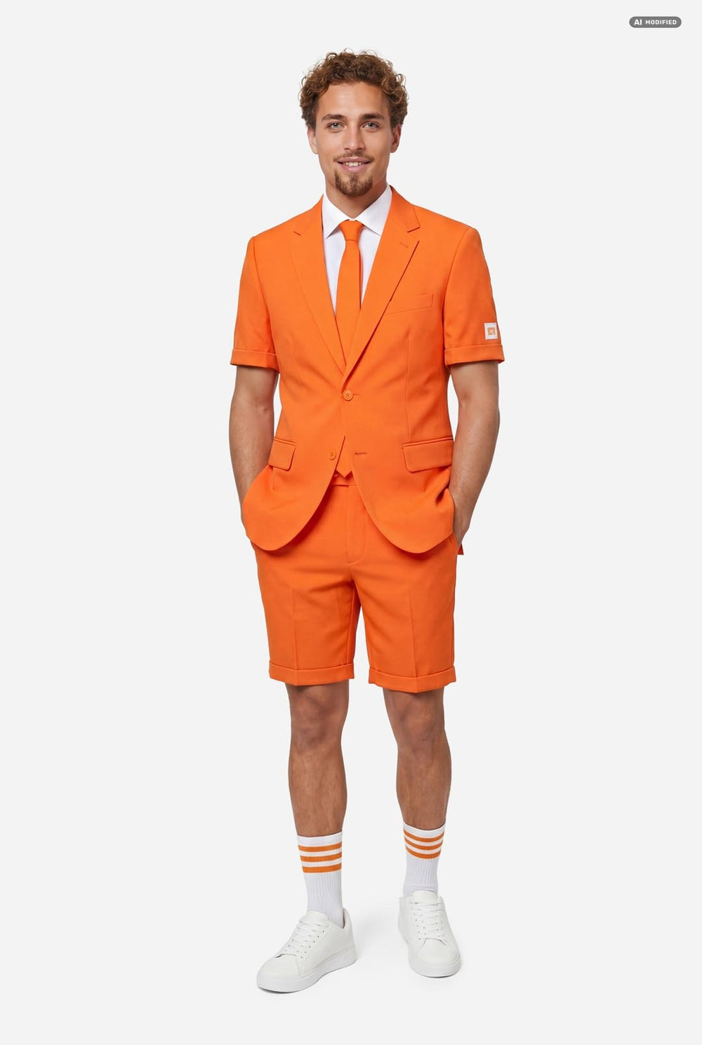 A man modeling a bright orange short-sleeve suit consisting of a blazer and matching shorts, paired with a white dress shirt and orange tie, against a light gray background.