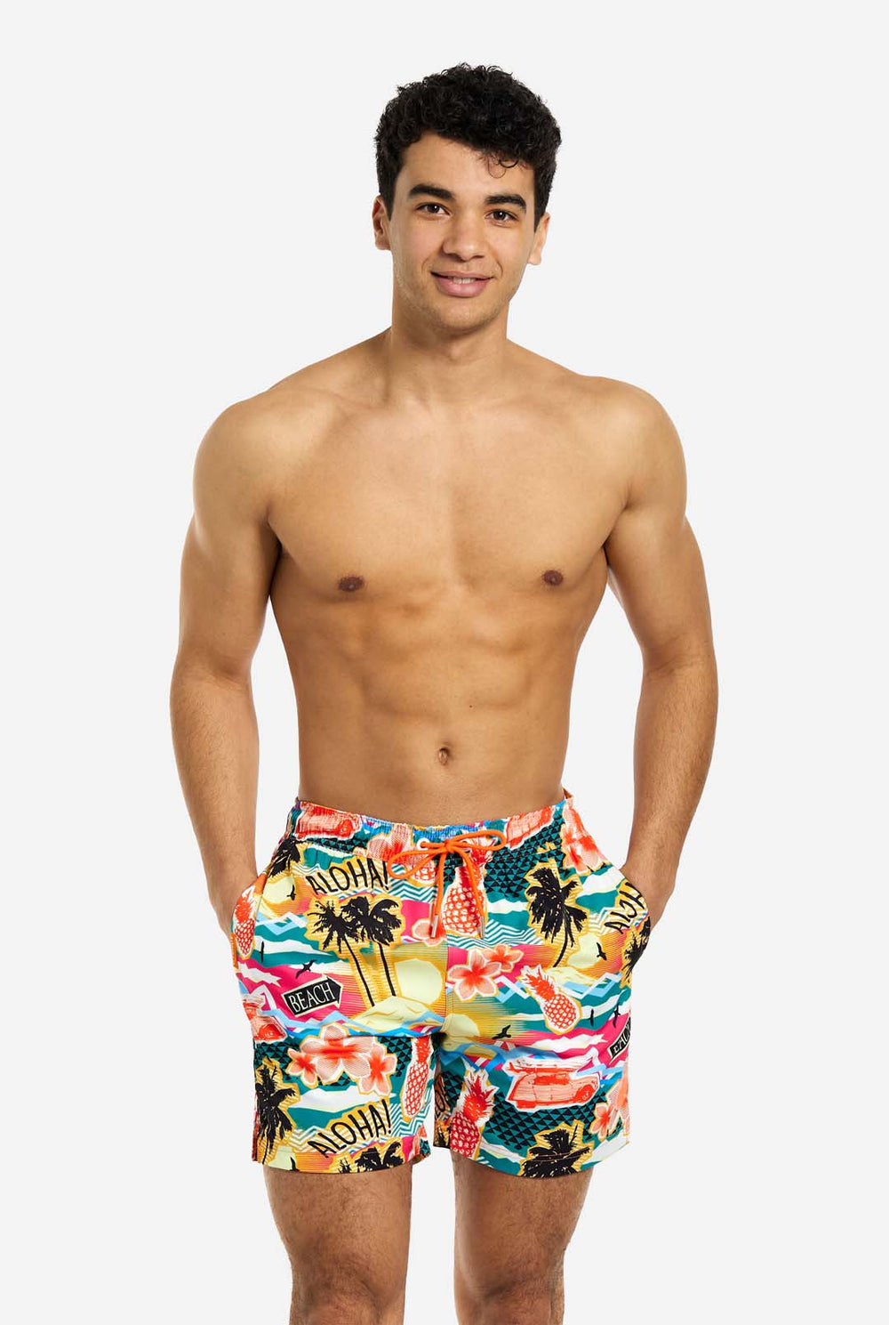 Man wearing swim trunks with tropical Hawaiian print, close up