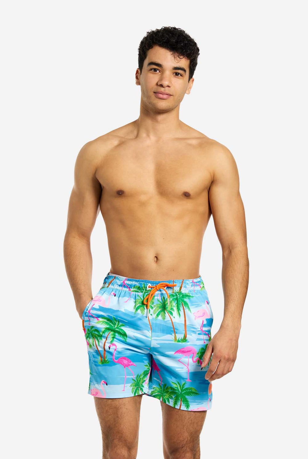 Man wearing Flaminguy swim trunks for men, close up