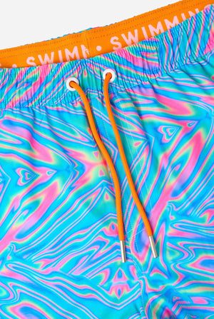 Man wearing a men's vibrant holographic swim shorts with a mesmerizing blue, pink, and purple swirl design. Eye-catching and stylish swimwear for summer fun. Close-up drawstring.