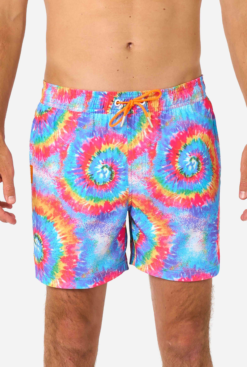 Man wearing a men's rainbow tie-dye swim shorts with a bold, colorful spiral pattern. A fun and trendy choice for beach days and pool parties. Close-up middle.