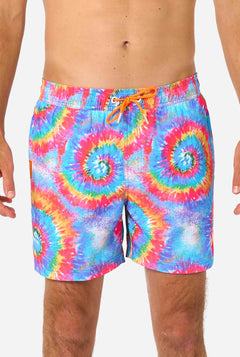 Tie-dye swim shorts with a colorful spiral pattern on a white background