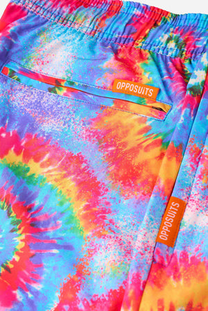 Men's rainbow tie-dye swim shorts with a bold, colorful spiral pattern. A fun and trendy choice for beach days and pool parties.  Close-up pocket.
