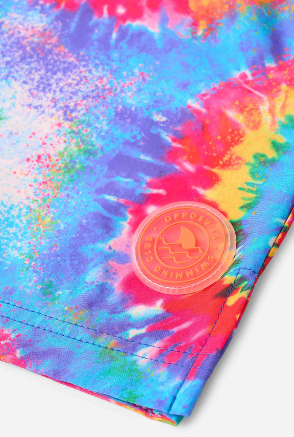 Men's rainbow tie-dye swim shorts with a bold, colorful spiral pattern. A fun and trendy choice for beach days and pool parties.  Close up patch.
