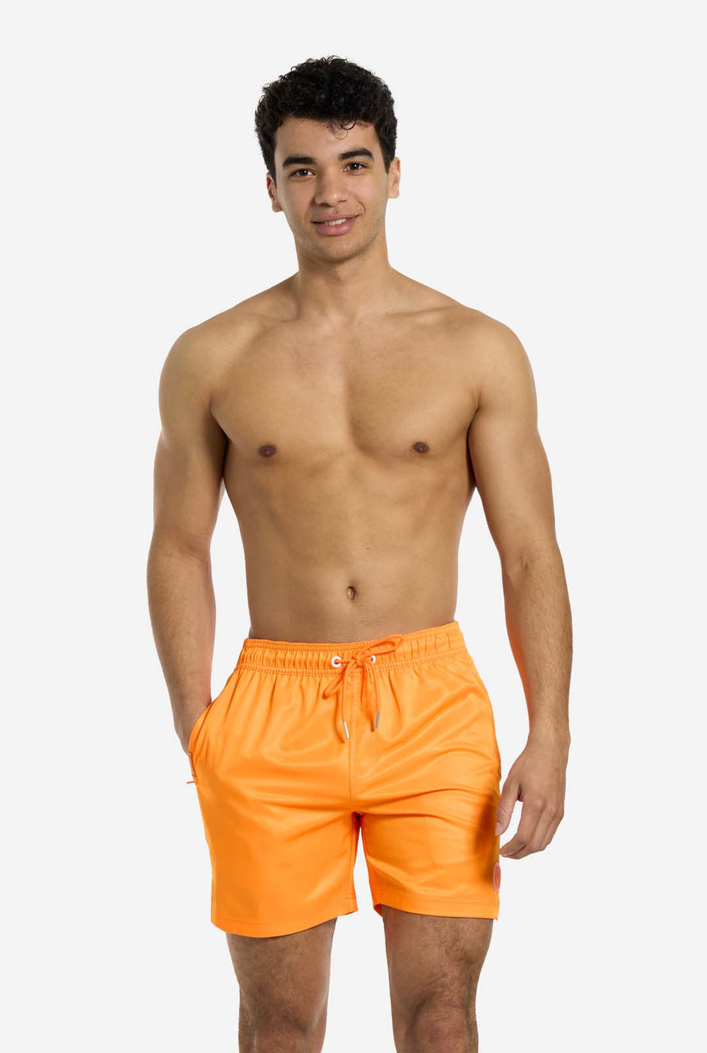 Man wearing Neon Vivid Orange swim trunks for men, close up
