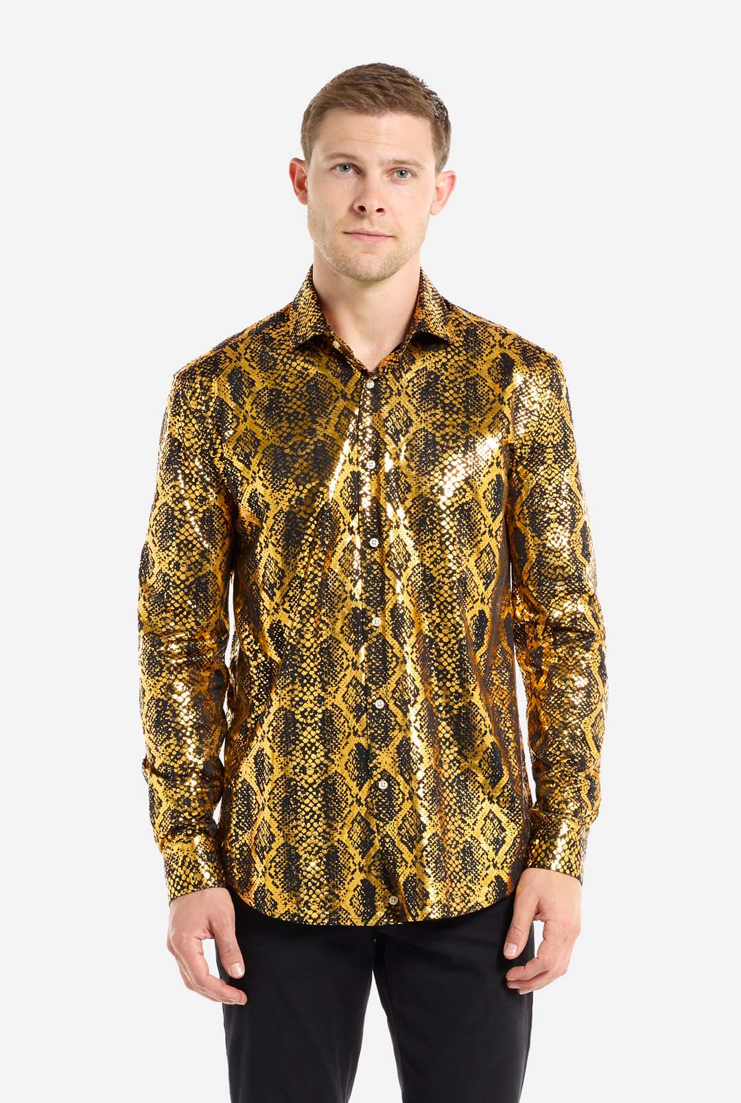 dress shirt print OppoSuits Men's Shiny Snake Gold Long Sleeve Shirt, Medium